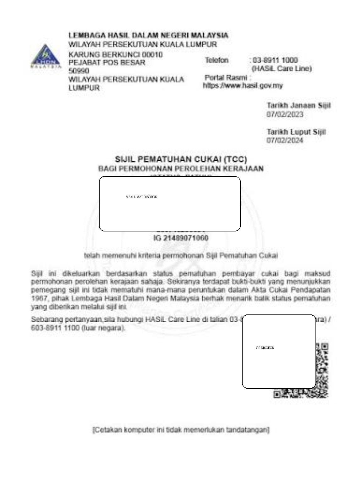 Contoh TCC berstatus Patuh dengan maklumat peribadi disorok