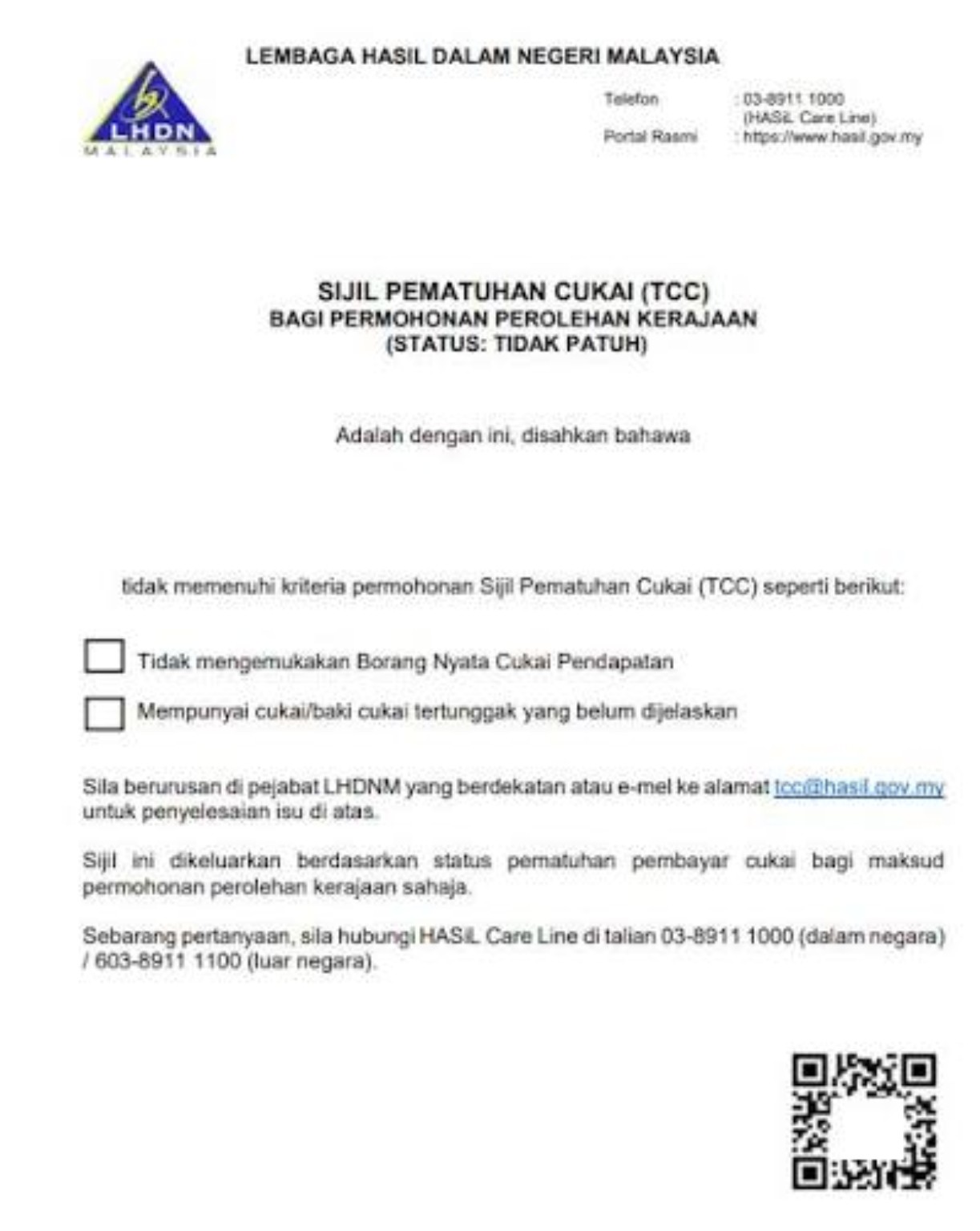 Contoh TCC berstatus Tidak Patuh